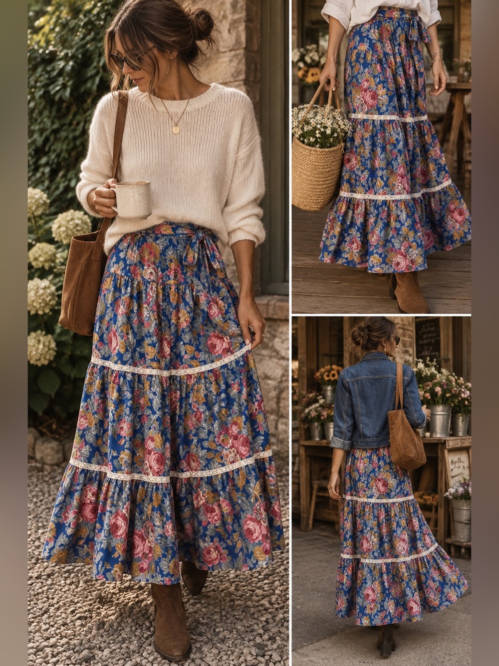 Vintage Fritzi of CA Tiered Floral Maxi Skirt with Lace Trim